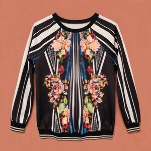 Clover Canyon Designer Piece - Statement Floral & Stripe Bomber Sweatshirt - S
